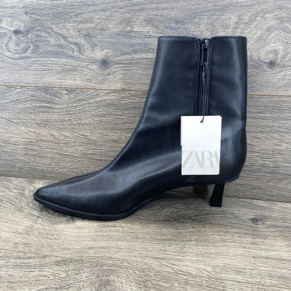 Zara Ankle Boots Womens Size 8 Black Pointed Toe Kitten Heel Side Zip